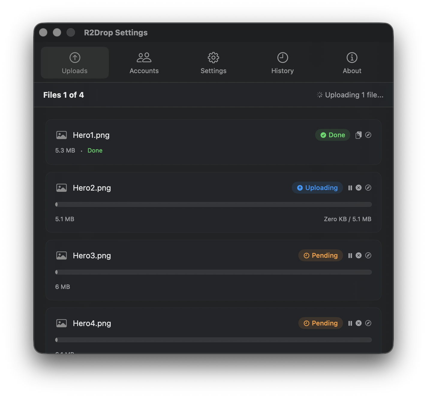 R2Drop upload queue showing files uploading in parallel
